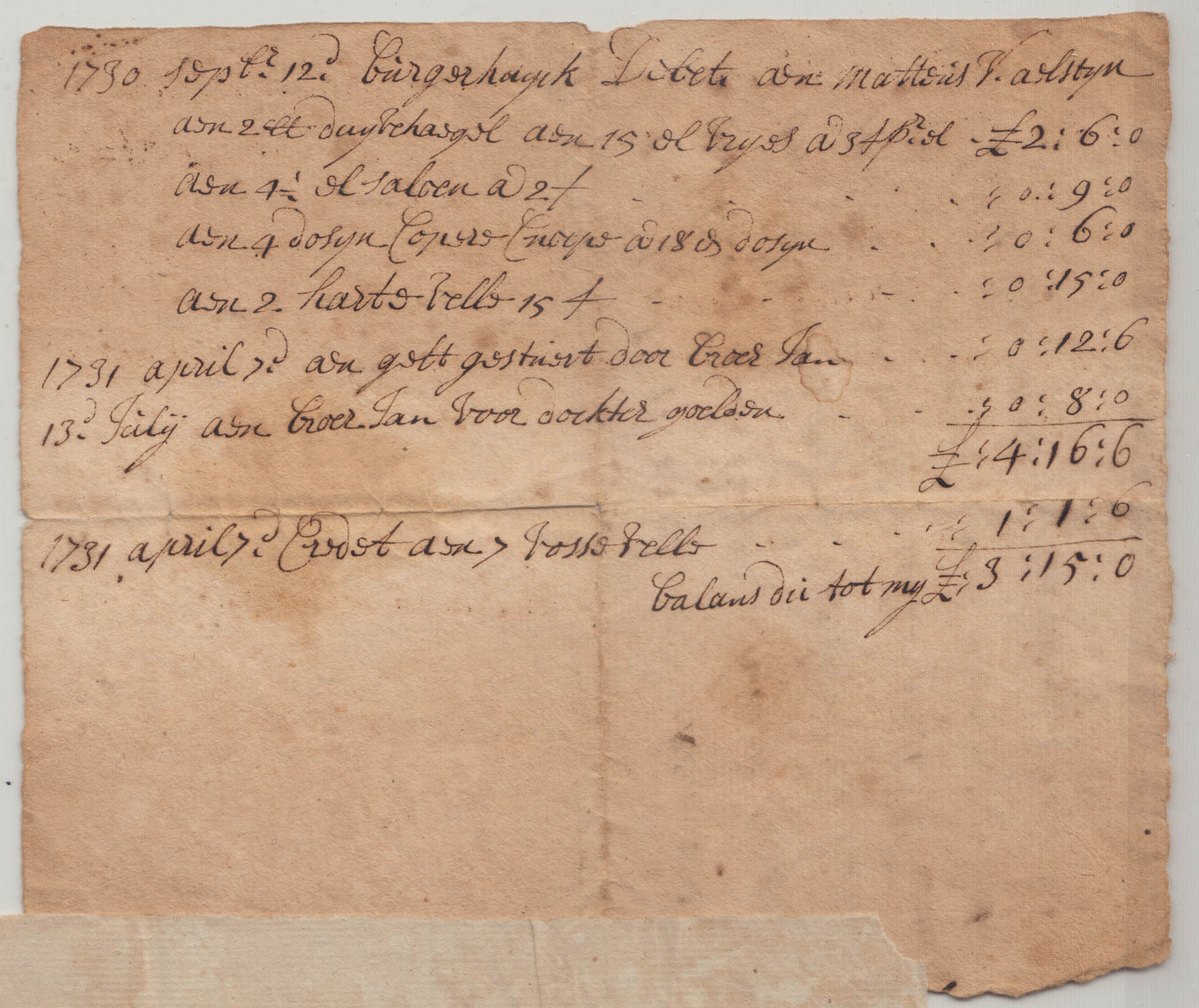 BH018 1732-09-04 Receipt, Mattius Van Alstyn to Burger Huyck, in Full of Everything